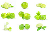 Collage of limes on a white background