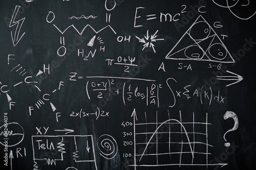 Background shot of blackboard with scientific and algebraic formulas and graphs written on it in chalk