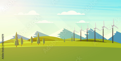 Beautiful vector landscape with eco windturbines.