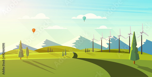 Beautiful vector landscape with eco windturbines.