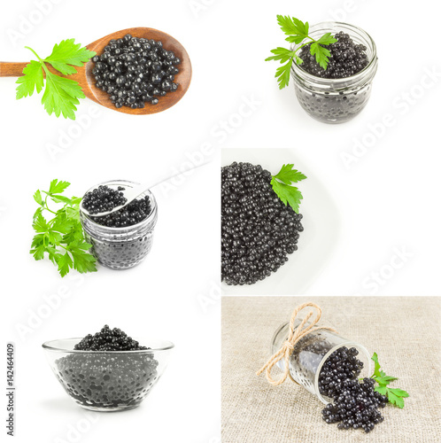 Collection of sturgeon black caviar isolated over a white background