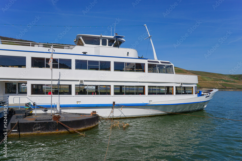 Fototapeta premium Excursion boat trip on the Rhine near Bingen Ruedesheim in the world cultural heritage middle Rhine valley