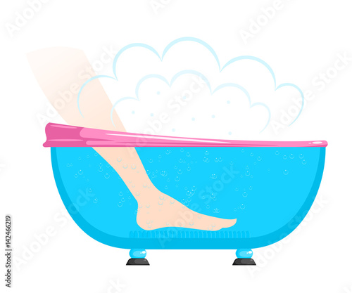 Vector illustration of a hot bath. Female legs in the whirlpool bath. Cartoon style