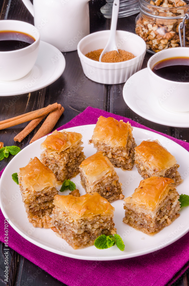 Homemade baklava with filo dough and walnuts in honey and sugar syrup Homemade baklava with filo dough and walnuts in honey and sugar syrup