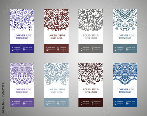 flyer, flyer, cover, pattern mandala. Oriental motif. Hand painted texture background. Set wedding invitations, postcards and business card templates. Decorative card design printing. Vector. EPS 10