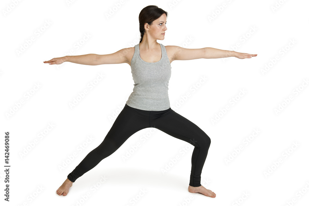 Yoga woman grey Position Varabhadrasana_front