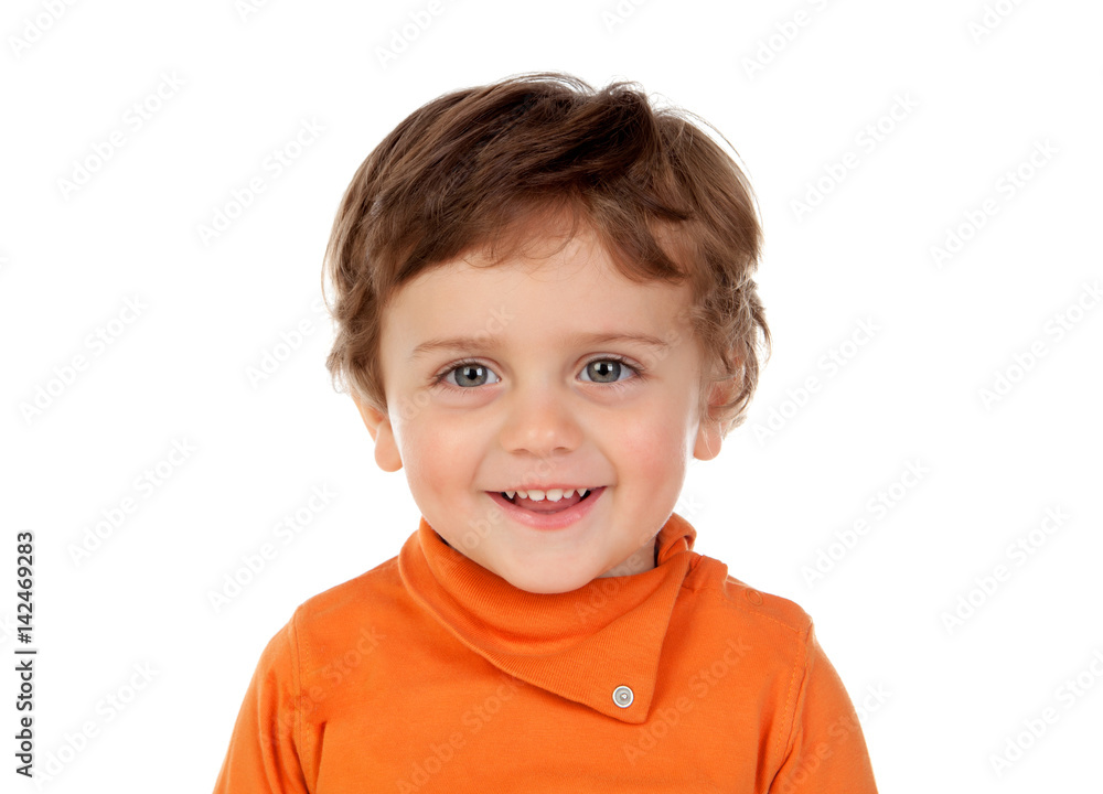 Beautiful little child two years old with orange jersey Beautiful little child two years old with orange jersey