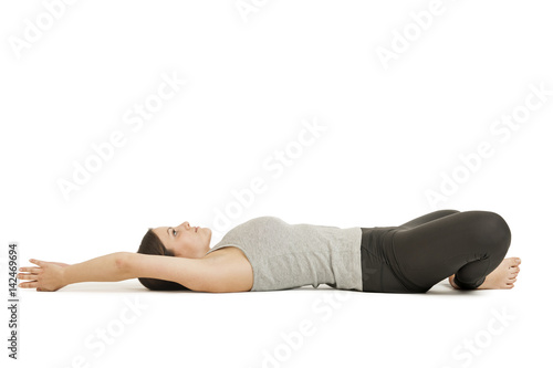 Yoga woman gray_supta baddha konasana_profile
