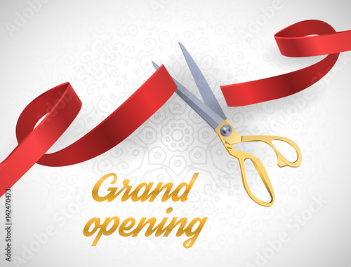 Grand opening illustration with red ribbon and gold scissors isolated on white.