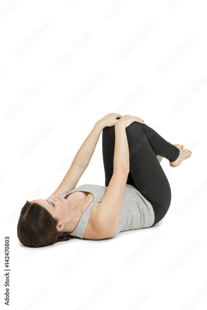 Yoga woman gray_anada balasana_knees up