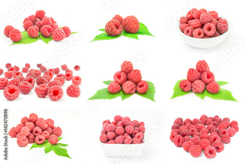 Collection of ripe red raspberries isolated on a white background