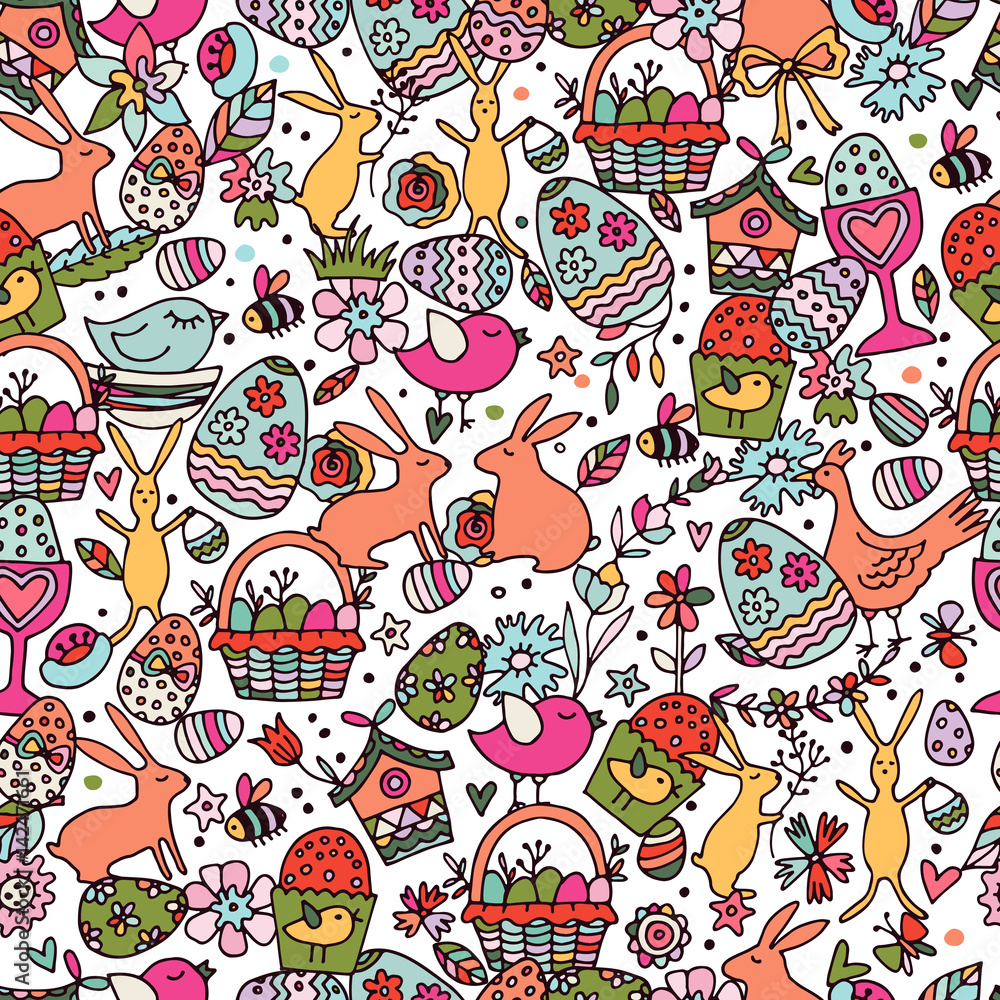 Naklejka premium Cartoon hand drawn Doodle Happy Easter illustration. Seamless pattern.