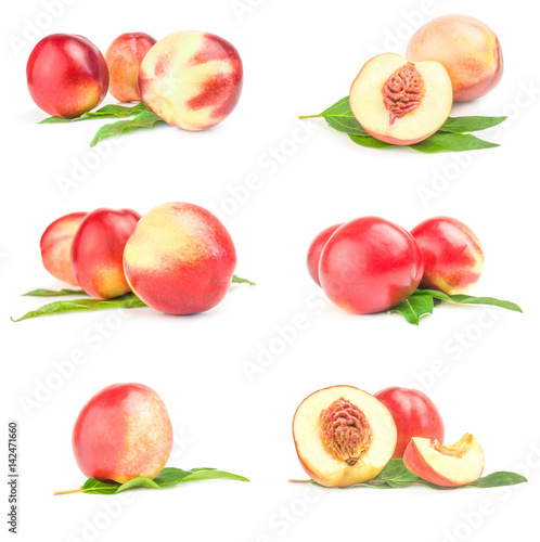 Collage of fresh peaches fruits