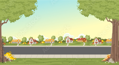 Colorful houses in suburb neighborhood. Green park landscape with grass, trees, flowers and clouds. 
