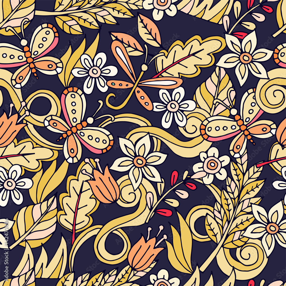 Fototapeta premium Summer seamless pattern. Leaves, butterflies, dragonflies