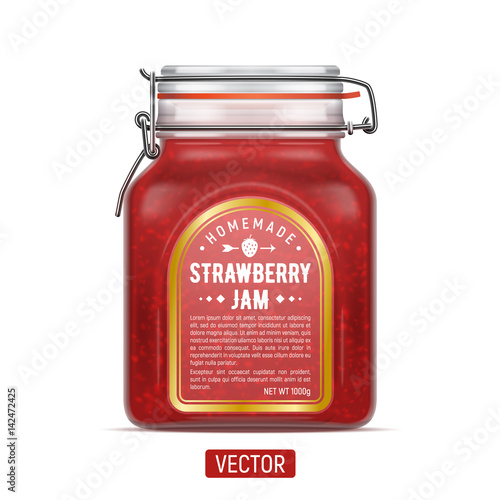 Vector labelled Bale Square Glass Jar with Swing Top Lid filled with strawberry jam isolated over the white background.