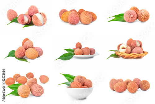 Collage of litchi isolated over a white background