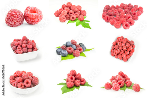 Collage of raspberries with leaves on a white background