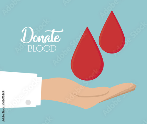 hand with blood drop icon over blue background. colorful design. donate blood concept. vector illustration