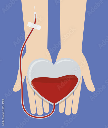 hand with blood bag over blue background. donate blood concept. colorful design. vector illustration