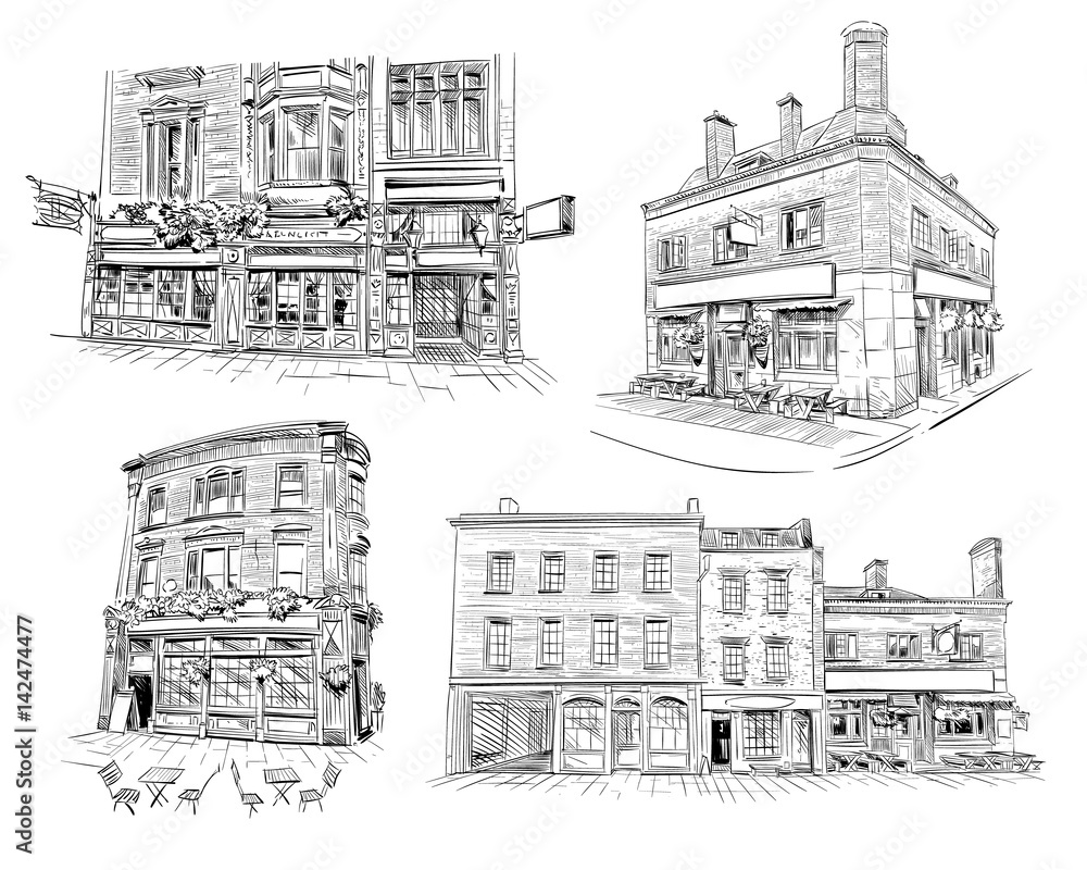 Set of facades of London buildings, shop,store,cafe, pub. Hand drawn English architecture. Vector illustration