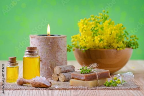 wellness  spa and aromatherapy with essential oils  fresh plants  candle  soap  salt on green background  selective focus