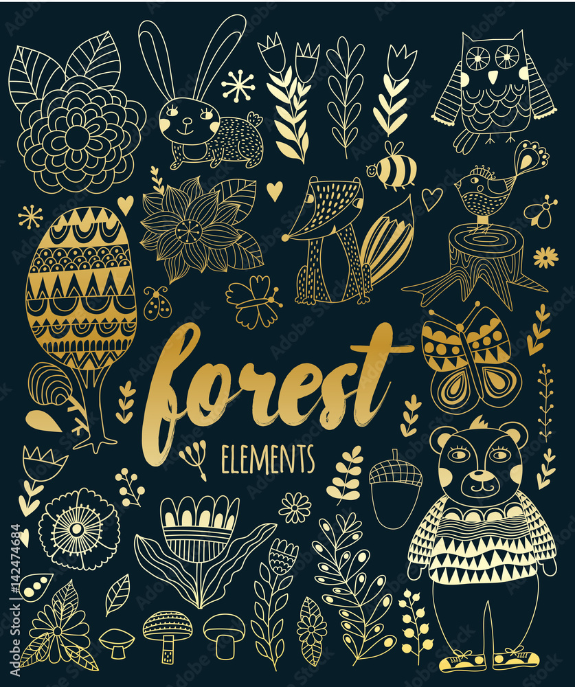 Fototapeta Vector forest elements in doodle childish style