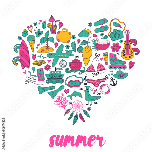 Summer heart design made of doodle season elements