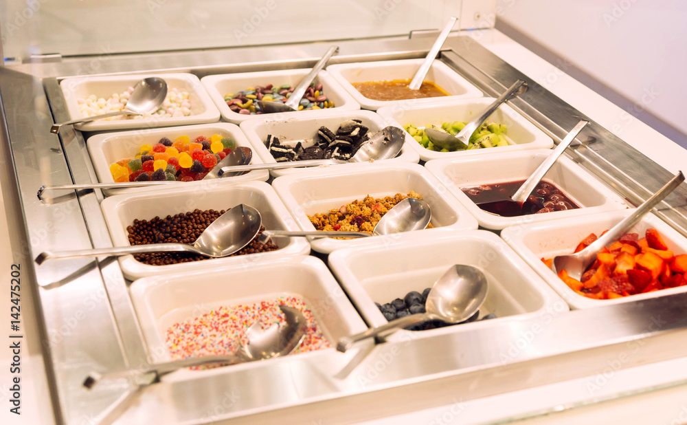 sweets for powdering ice cream strawberry, nuts, chocolate biscuits, topping, kiwi fruit, jelly candy, blueberry, sweets for powdering ice cream strawberry, nuts, chocolate biscuits, topping, kiwi fruit, jelly candy, blueberry,