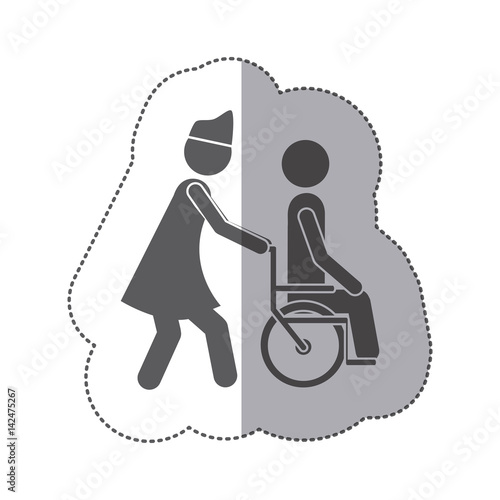 sticker monochrome silhouette nurse helping another person push a wheelchair vector illustration