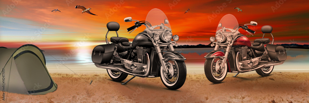 Motorrad, Bike am Strand beim Sonnenuntergang am Abend Stock Illustration |  Adobe Stock