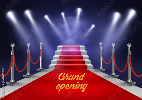 White stairs covered with red carpet and illuminated by spotlight realistic vector illustration