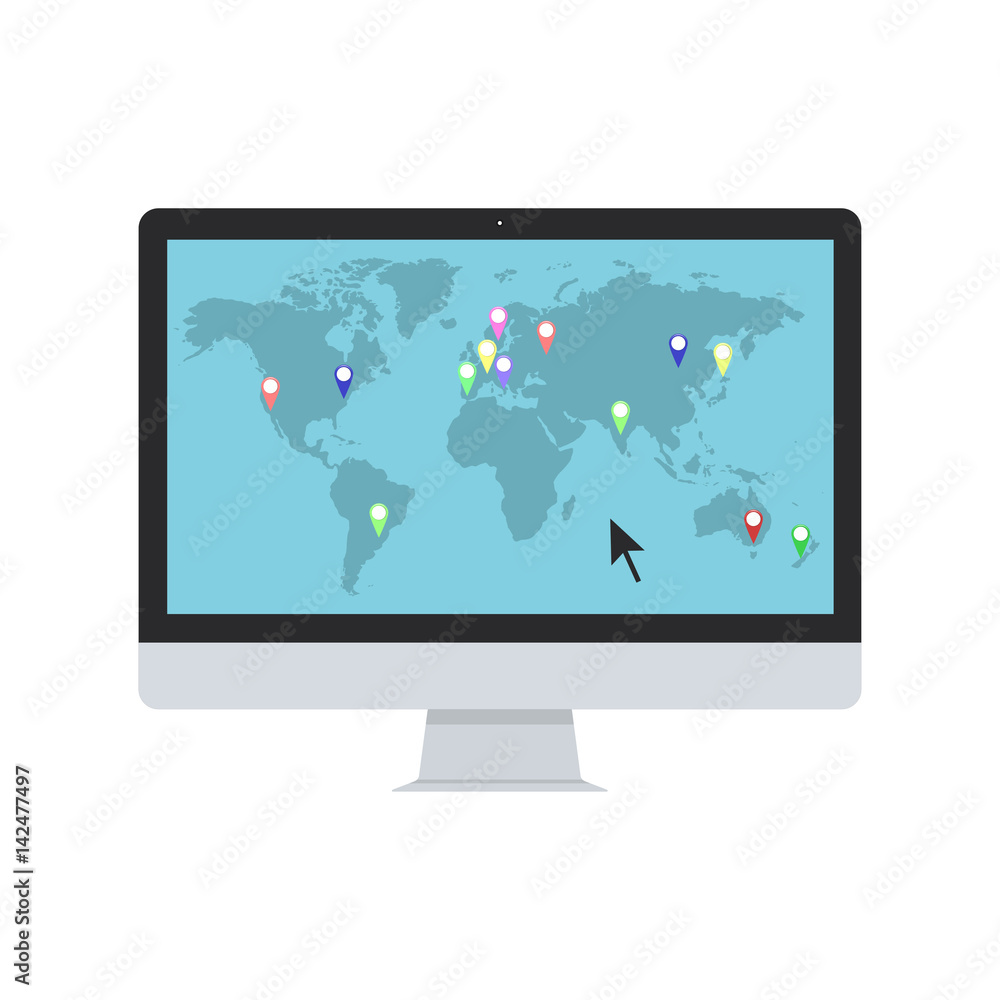 Vector world map with map pointers on the PC monitor. Vector world map with map pointers on the PC monitor.