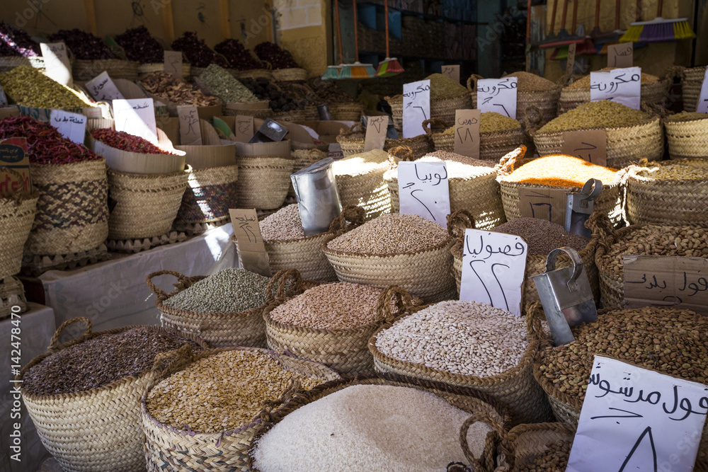 Traditional spices bazaar with herbs and spices in Aswan, Egypt.