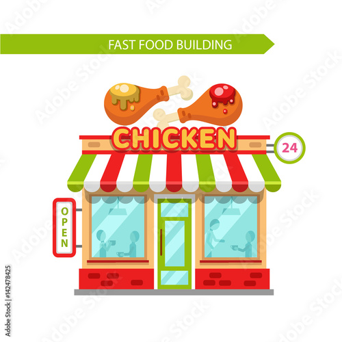 Vector flat design illustration of fast food shop building. Signboard with big fried chicken legs with mustard and ketchup. People eating in the restaurant. Isolated on white background.