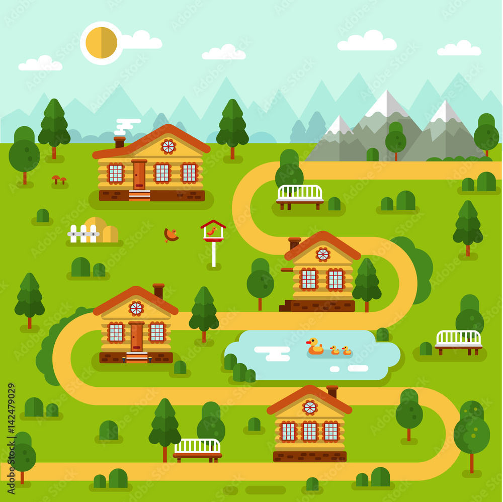 Flat design vector landscape illustration of cartoon village map with cute houses, pond with ducks, road, mountains, bird feeders, bench. Rest in the mountain concept. Stock Vector | Adobe Stock Flat design vector landscape illustration of cartoon village map with cute houses, pond with ducks, road, mountains, bird feeders, bench. Rest in the mountain concept. Stock Vector | Adobe Stock