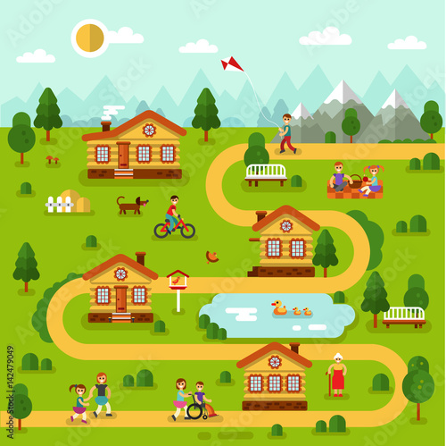 Flat design vector landscape illustration of cartoon village map with houses, pond, road, mountains. People resting in nature on picnic, old woman walking, boy cycling. Rest in the mountain concept.
