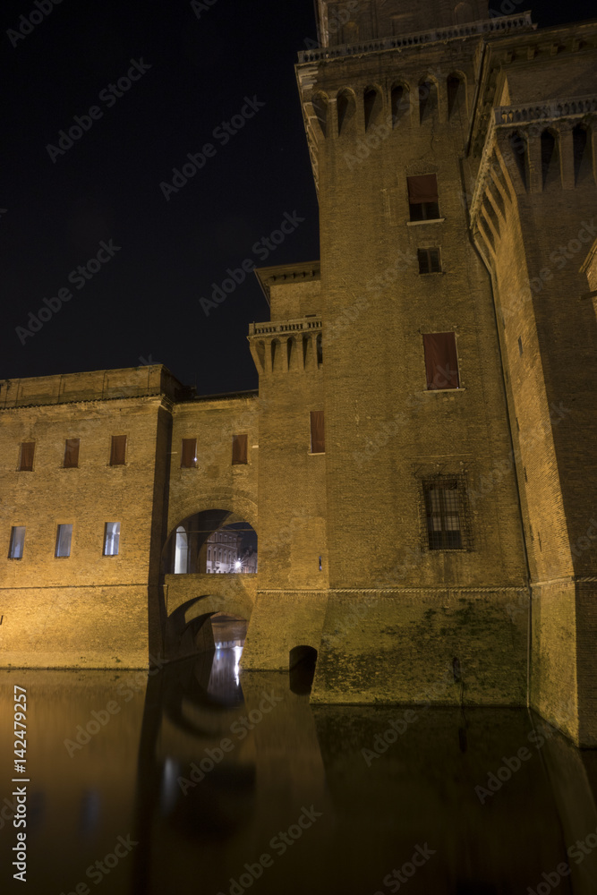 Estense castle or Castello di San Michele in Ferrara, Italy. Night view.