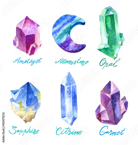 Big set of crystals in watercolor. Stones of amethyst and glass polygons, pebbles and other hand made.Illustration in indie style isolated on white background.