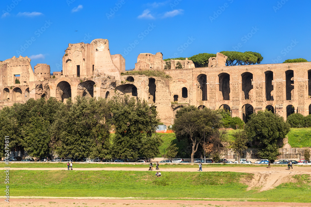 Rome, Italy. View of the grandiose ruins of the imperial palaces on the