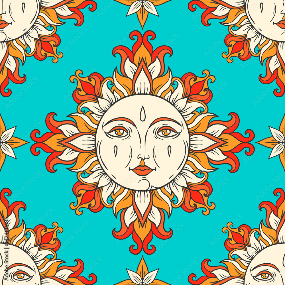 Sun with face and stars on the sky. Vector vintage seamless pattern ...
