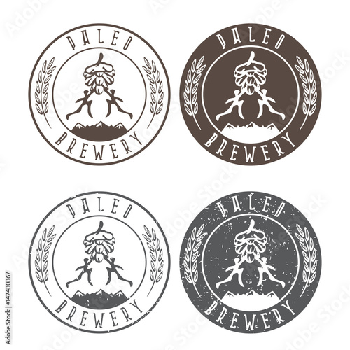 vintage paleo brewery vector labels with hop and ancient hunters