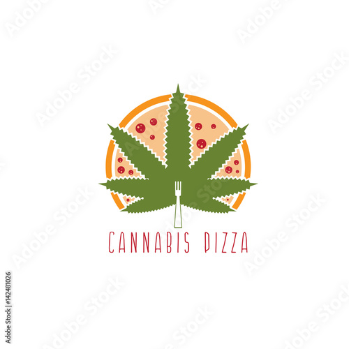 cannabis leaf with fork and pizza slices vector design template