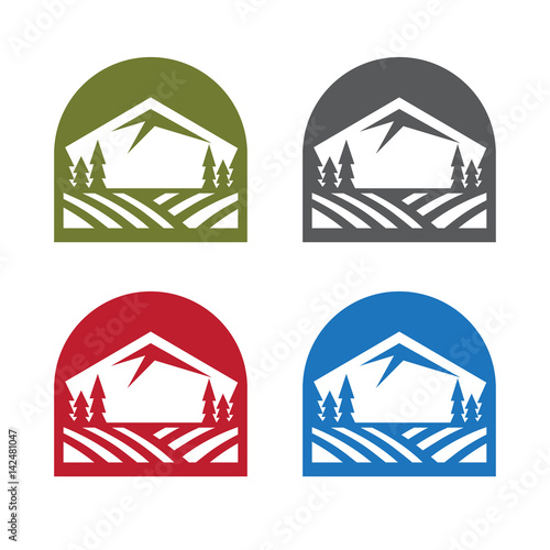 vector emblems set with mountains, trees and field