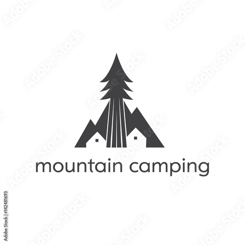 Template logo with camping tent,mountains and tree. Vector illustration for adventure theme