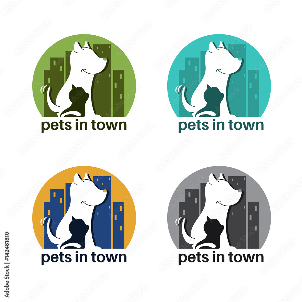 Template logo design with dog and cat in town for pet theme.Vector illustration