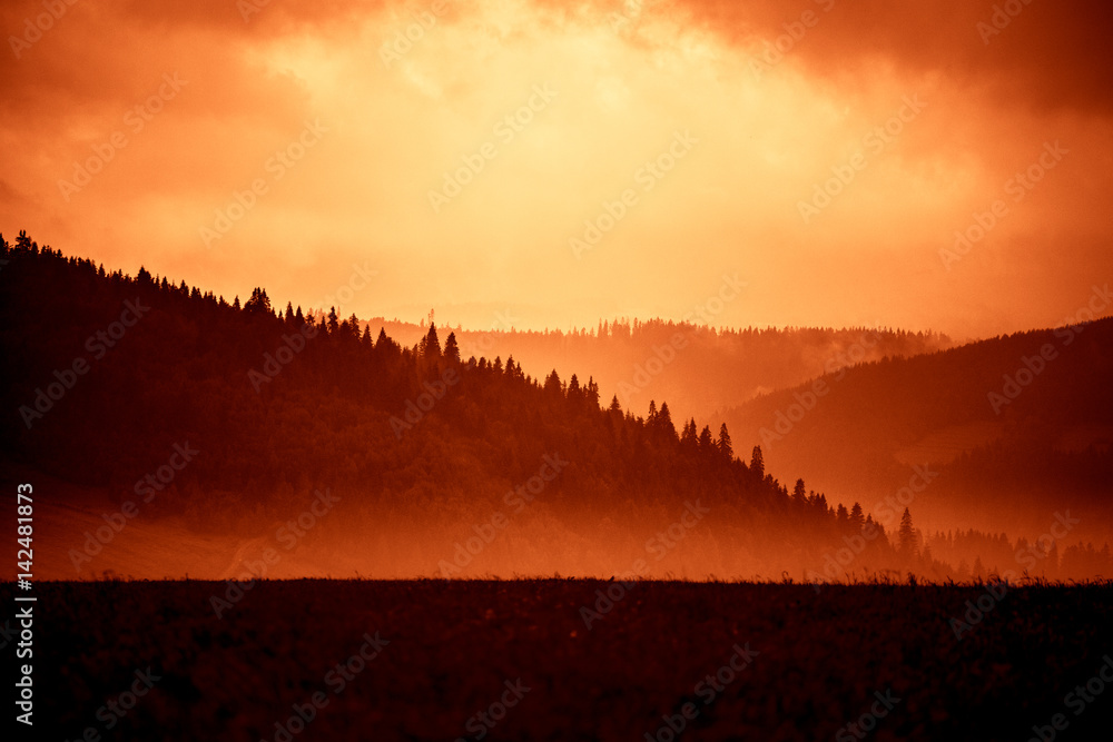 Obraz premium A beautiful, colorful, abstract mountain landscape with trees in a red tonality. Decorative, artistic look.