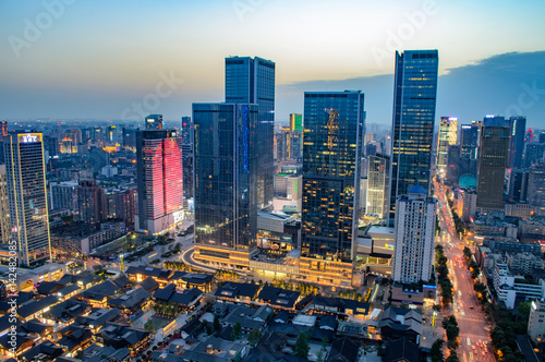 High Angle Shot Of Illuminated Cityscape of Taikooli in Chengdu,China.