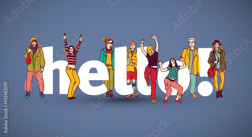 Hello team group people sign.
