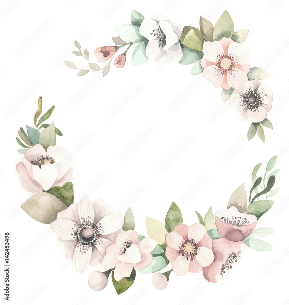 Watercolor floral wreath with magnolias, green leaves and branches. - obrazy, fototapety, plakaty 